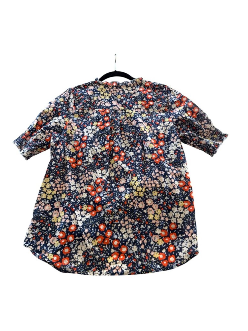 Talbots Ruffle Trim Top L Womens Navy Blue Floral Cotton Short Sleeve Blouse - Picture 8 of 10